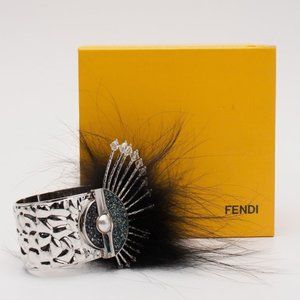 FENDI Metal Hinged Cuff Bracelet Size L Monster Eye Silver Fox Fur Trim swarovsk